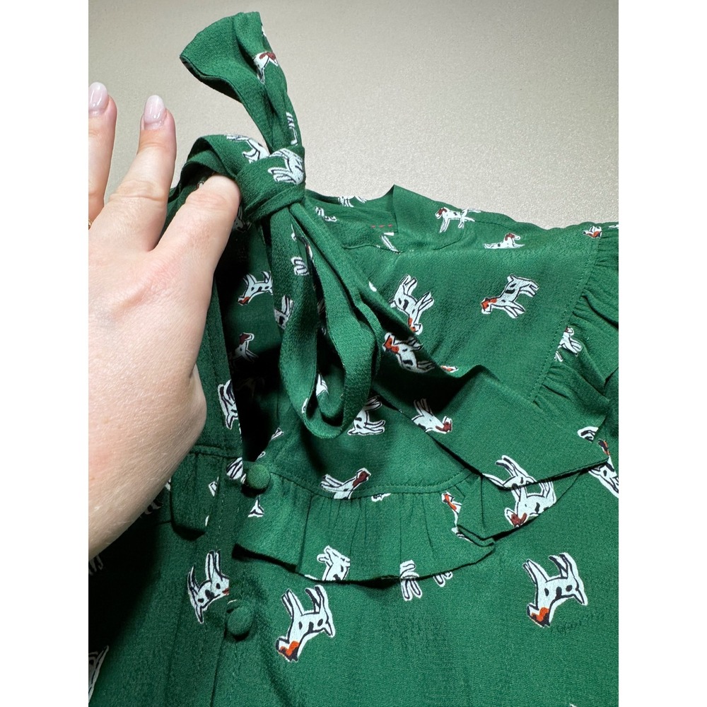 Maeve Anthropologie Green Dog Print Ruffle Tie Neck Blouse XS Short Sleeve Top - Picture 6 of 10